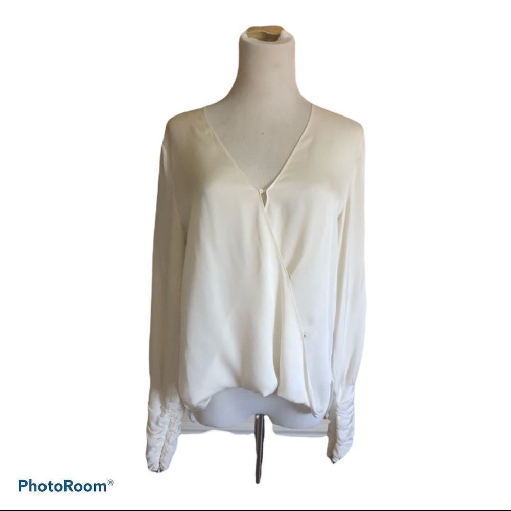 Intermix ivory silky v neck faux wrap blouse S
